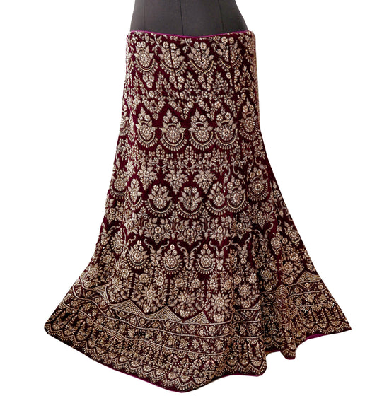 Indian Heavy wine Velvet Hand Embroidered Semi stitched Lehenga/Skirt Bridal Wear Zardozi/ Dabka Bollywood skirt Party wear