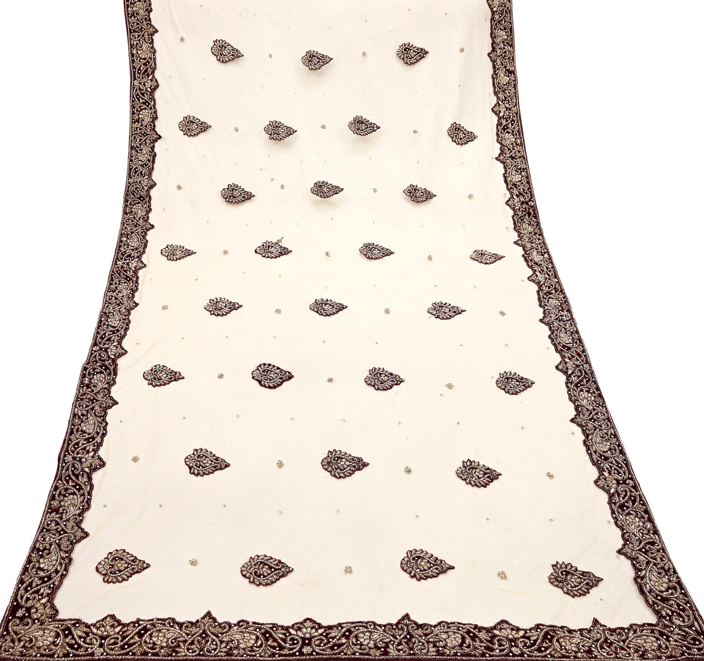 Indian Vintage Heavy Beige Dupatta Net Mesh Long Stole Hand Embroidered Scarves Golden Zardozi Dabka Zari Stole Bridal/ Wedding veil