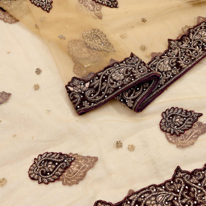 Indian Vintage Heavy Beige Dupatta Net Mesh Long Stole Hand Embroidered Scarves Golden Zardozi Dabka Zari Stole Bridal/ Wedding veil