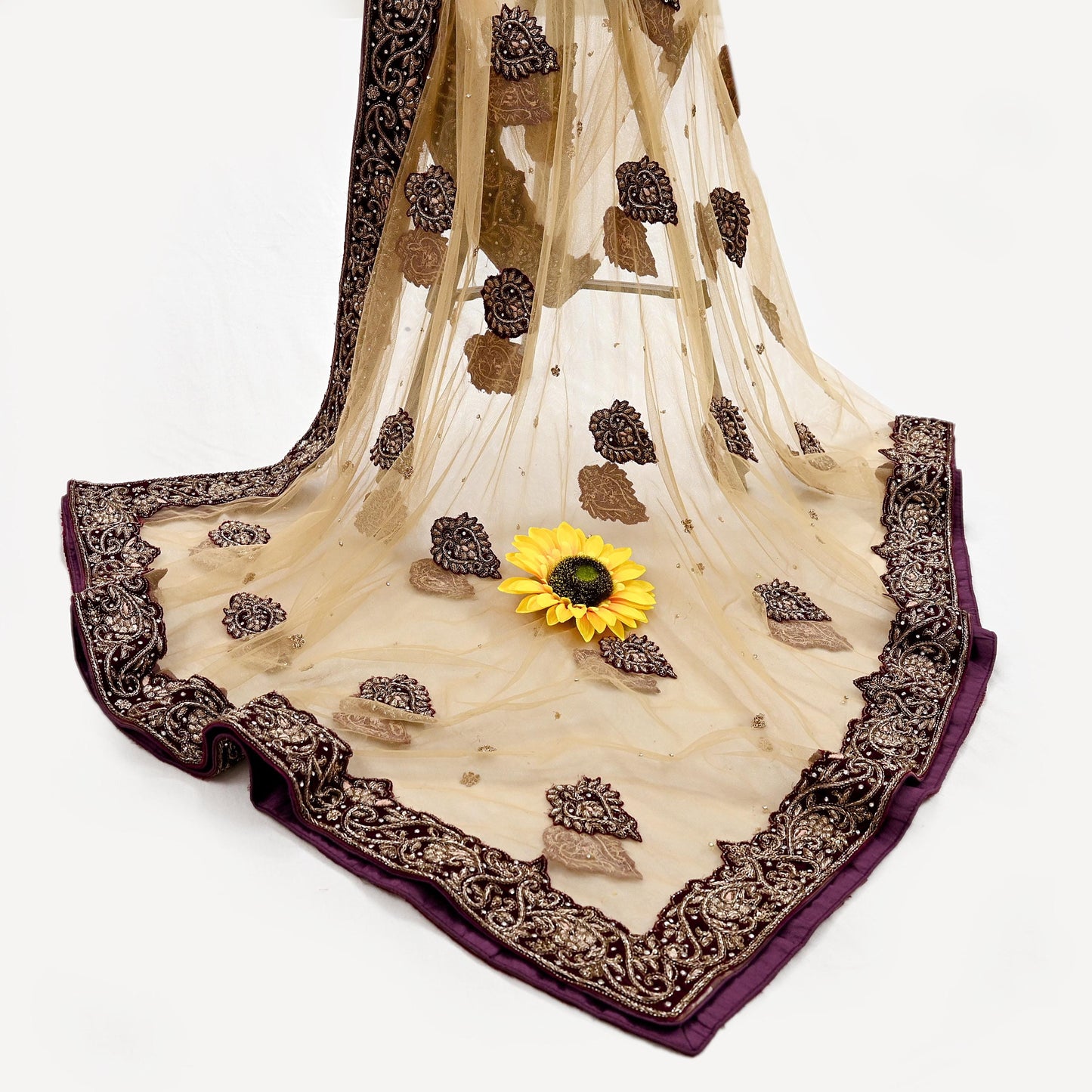 Indian Vintage Heavy Beige Dupatta Net Mesh Long Stole Hand Embroidered Scarves Golden Zardozi Dabka Zari Stole Bridal/ Wedding veil