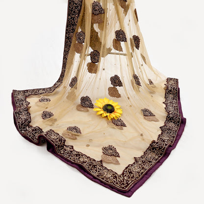 Indian Vintage Heavy Beige Dupatta Net Mesh Long Stole Hand Embroidered Scarves Golden Zardozi Dabka Zari Stole Bridal/ Wedding veil