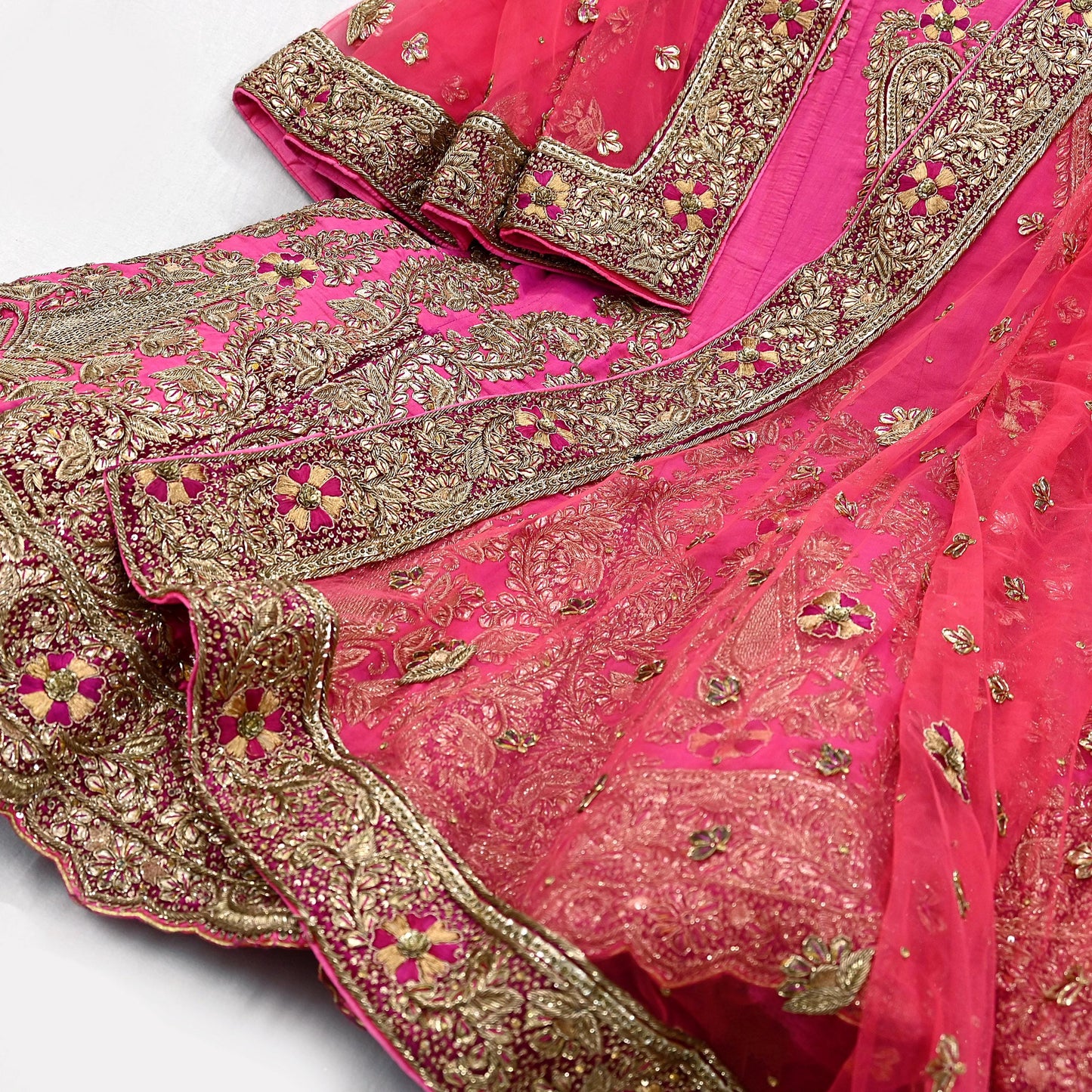 Indian party wear Pink & Peach Net Raw silk Hand Embroidered Semi Stitched Lehenga Set of 2pcs Bollywood style wedding wear