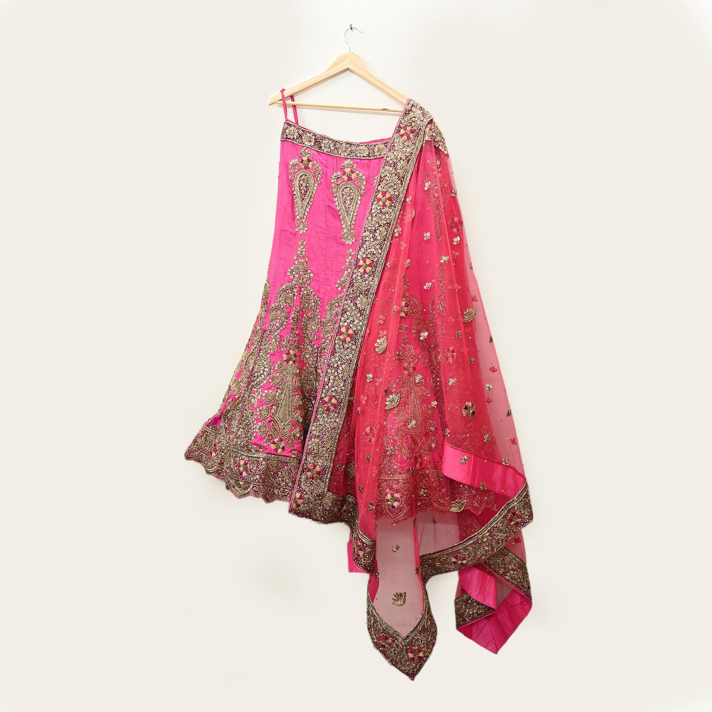 Indian party wear Pink & Peach Net Raw silk Hand Embroidered Semi Stitched Lehenga Set of 2pcs Bollywood style wedding wear