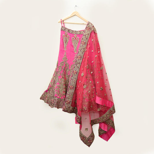 Indian party wear Pink & Peach Net Raw silk Hand Embroidered Semi Stitched Lehenga Set of 2pcs Bollywood style wedding wear