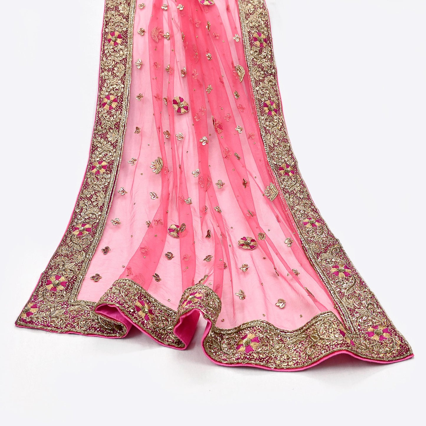 Indian Vintage Heavy Peach Dupatta Net Mesh Long Stole Hand Embroidered Scarves Golden Zardozi Dabka Zari Stole Bridal/ Wedding veil