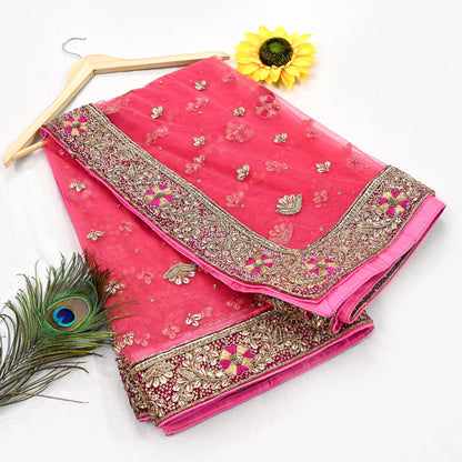 Indian Vintage Heavy Peach Dupatta Net Mesh Long Stole Hand Embroidered Scarves Golden Zardozi Dabka Zari Stole Bridal/ Wedding veil