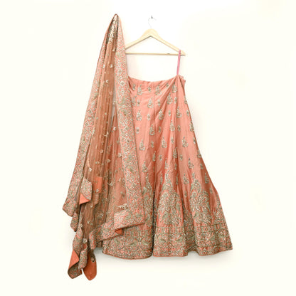 Indian party wear Peach Net Raw silk Hand Embroidered Semi Stitched Lehenga Set of 2pcs Bollywood style wedding wear