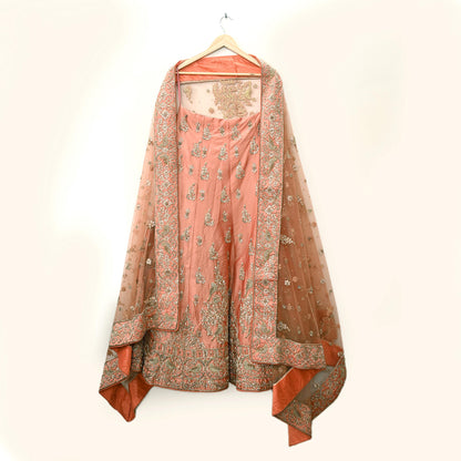 Indian party wear Peach Net Raw silk Hand Embroidered Semi Stitched Lehenga Set of 2pcs Bollywood style wedding wear