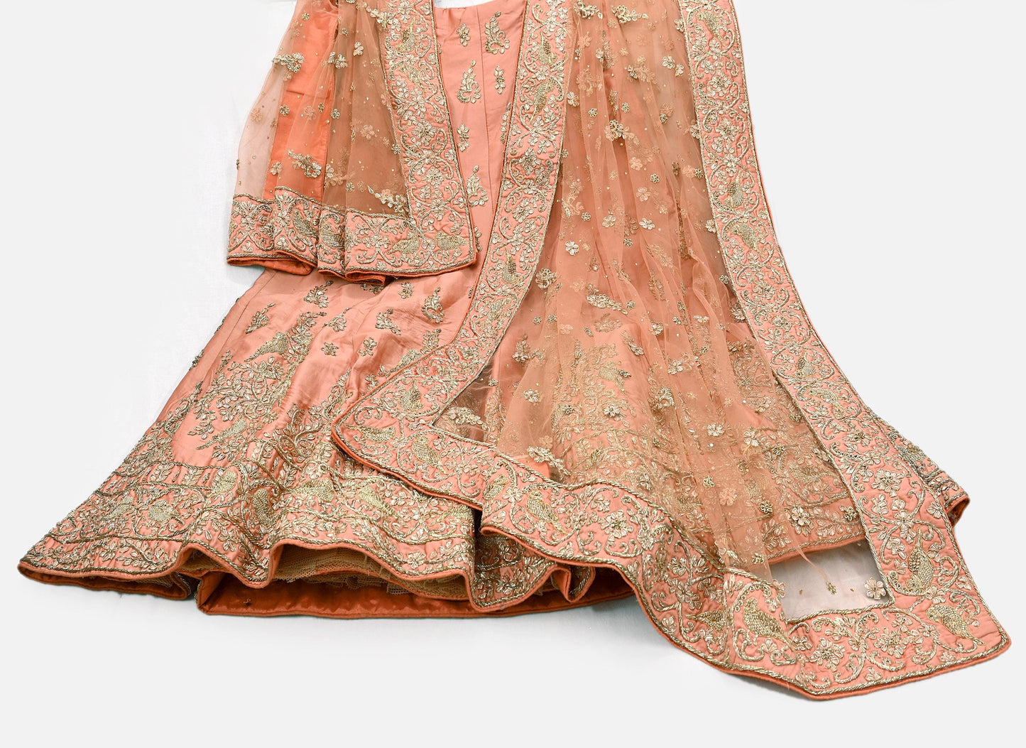 Indian party wear Peach Net Raw silk Hand Embroidered Semi Stitched Lehenga Set of 2pcs Bollywood style wedding wear