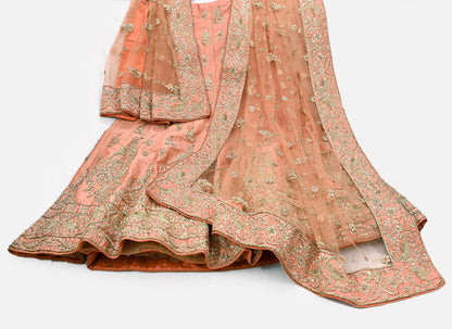 Indian party wear Peach Net Raw silk Hand Embroidered Semi Stitched Lehenga Set of 2pcs Bollywood style wedding wear
