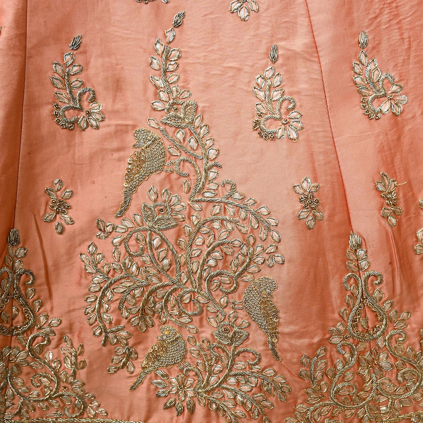 Indian party wear Peach Net Raw silk Hand Embroidered Semi Stitched Lehenga Set of 2pcs Bollywood style wedding wear