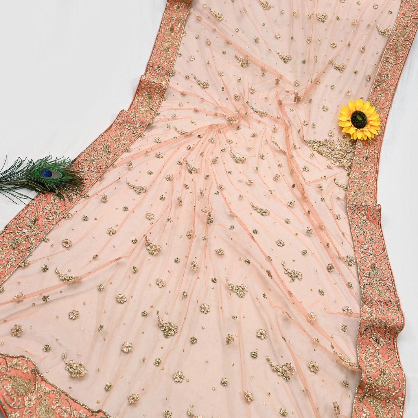 Indian Vintage Heavy Peach Dupatta Net Mesh Long Stole Hand Embroidered Scarves Golden Zardozi Dabka Zari Stole Bridal/ Wedding veil