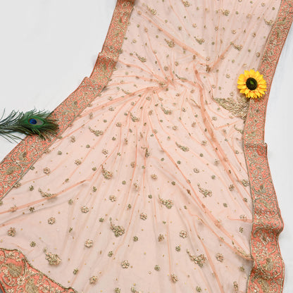 Indian Vintage Heavy Peach Dupatta Net Mesh Long Stole Hand Embroidered Scarves Golden Zardozi Dabka Zari Stole Bridal/ Wedding veil