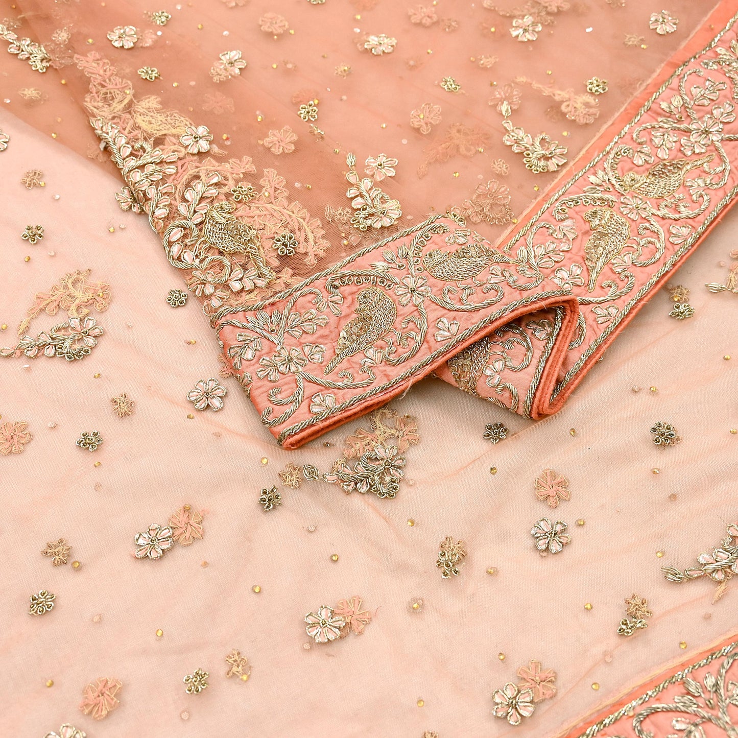 Indian Vintage Heavy Peach Dupatta Net Mesh Long Stole Hand Embroidered Scarves Golden Zardozi Dabka Zari Stole Bridal/ Wedding veil