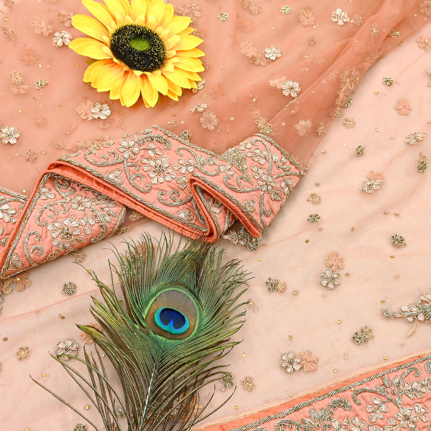 Indian Vintage Heavy Peach Dupatta Net Mesh Long Stole Hand Embroidered Scarves Golden Zardozi Dabka Zari Stole Bridal/ Wedding veil