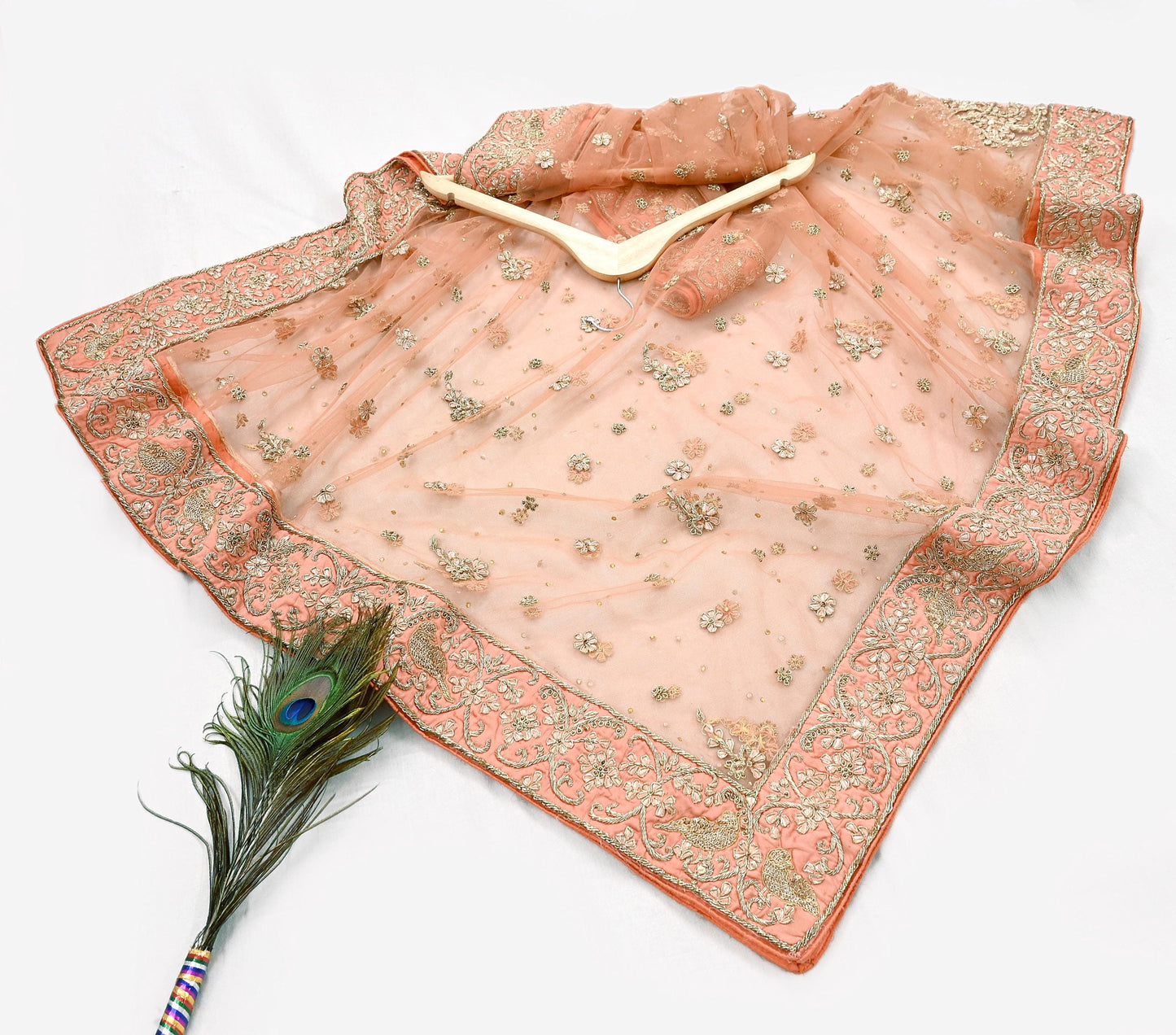 Indian Vintage Heavy Peach Dupatta Net Mesh Long Stole Hand Embroidered Scarves Golden Zardozi Dabka Zari Stole Bridal/ Wedding veil