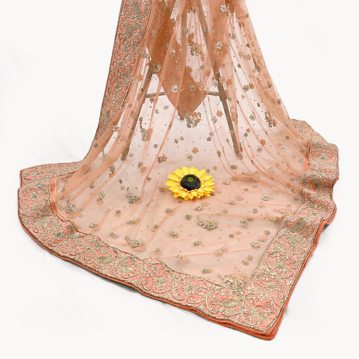 Indian Vintage Heavy Peach Dupatta Net Mesh Long Stole Hand Embroidered Scarves Golden Zardozi Dabka Zari Stole Bridal/ Wedding veil