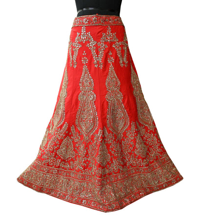 Indian party wear Red Net Raw silk Hand Embroidered Semi Stitched Lehenga Set of 2pcs Bollywood style wedding wear