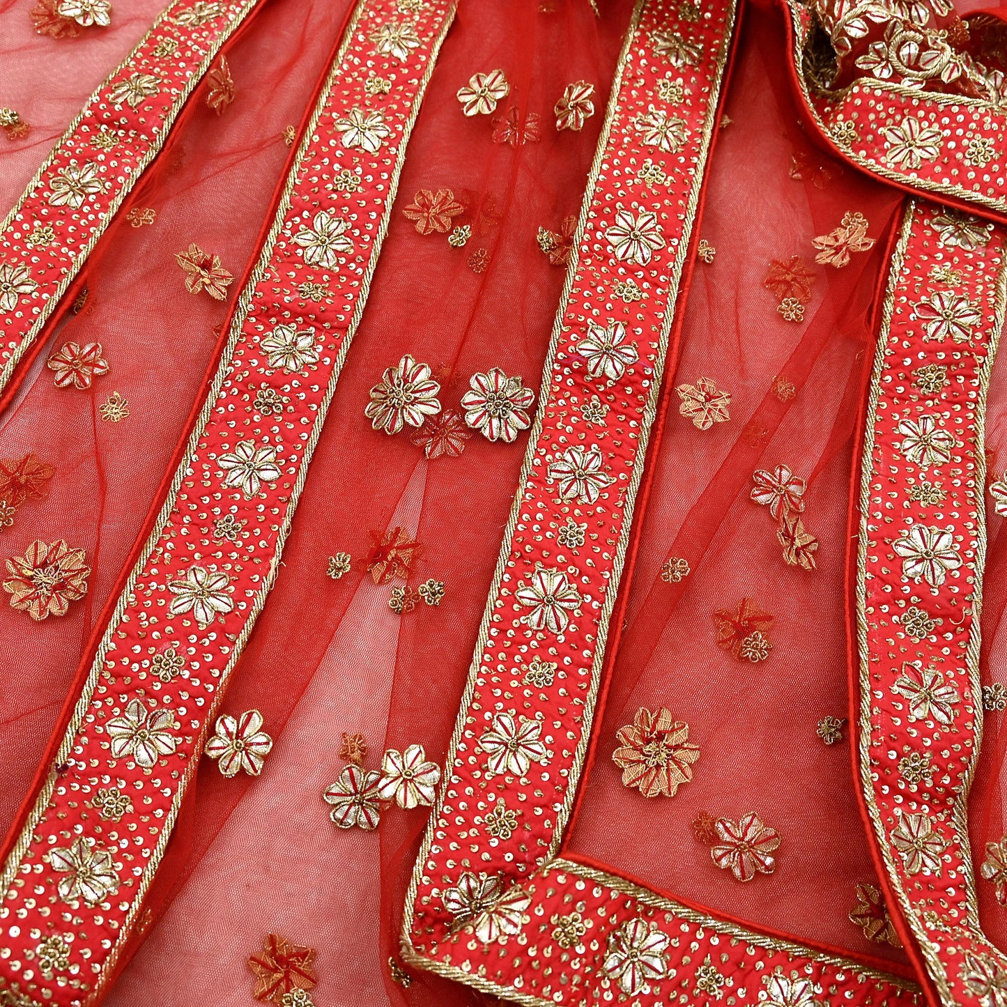 Indian Vintage Heavy Red Dupatta Net Mesh Long Stole Hand Embroidered Scarves Golden Zardozi Dabka Zari Stole Bridal/ Wedding veil