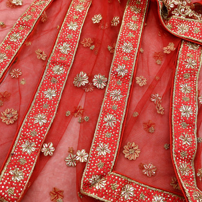 Indian Vintage Heavy Red Dupatta Net Mesh Long Stole Hand Embroidered Scarves Golden Zardozi Dabka Zari Stole Bridal/ Wedding veil