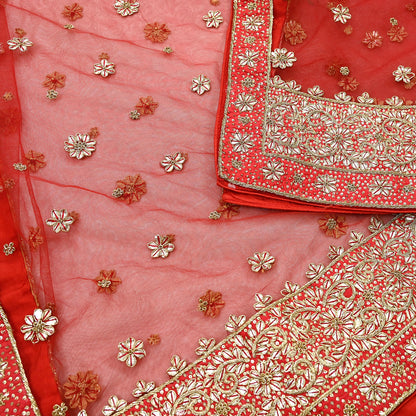 Indian Vintage Heavy Red Dupatta Net Mesh Long Stole Hand Embroidered Scarves Golden Zardozi Dabka Zari Stole Bridal/ Wedding veil