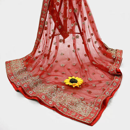 Indian Vintage Heavy Red Dupatta Net Mesh Long Stole Hand Embroidered Scarves Golden Zardozi Dabka Zari Stole Bridal/ Wedding veil
