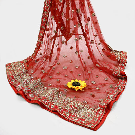 Indian Vintage Heavy Red Dupatta Net Mesh Long Stole Hand Embroidered Scarves Golden Zardozi Dabka Zari Stole Bridal/ Wedding veil
