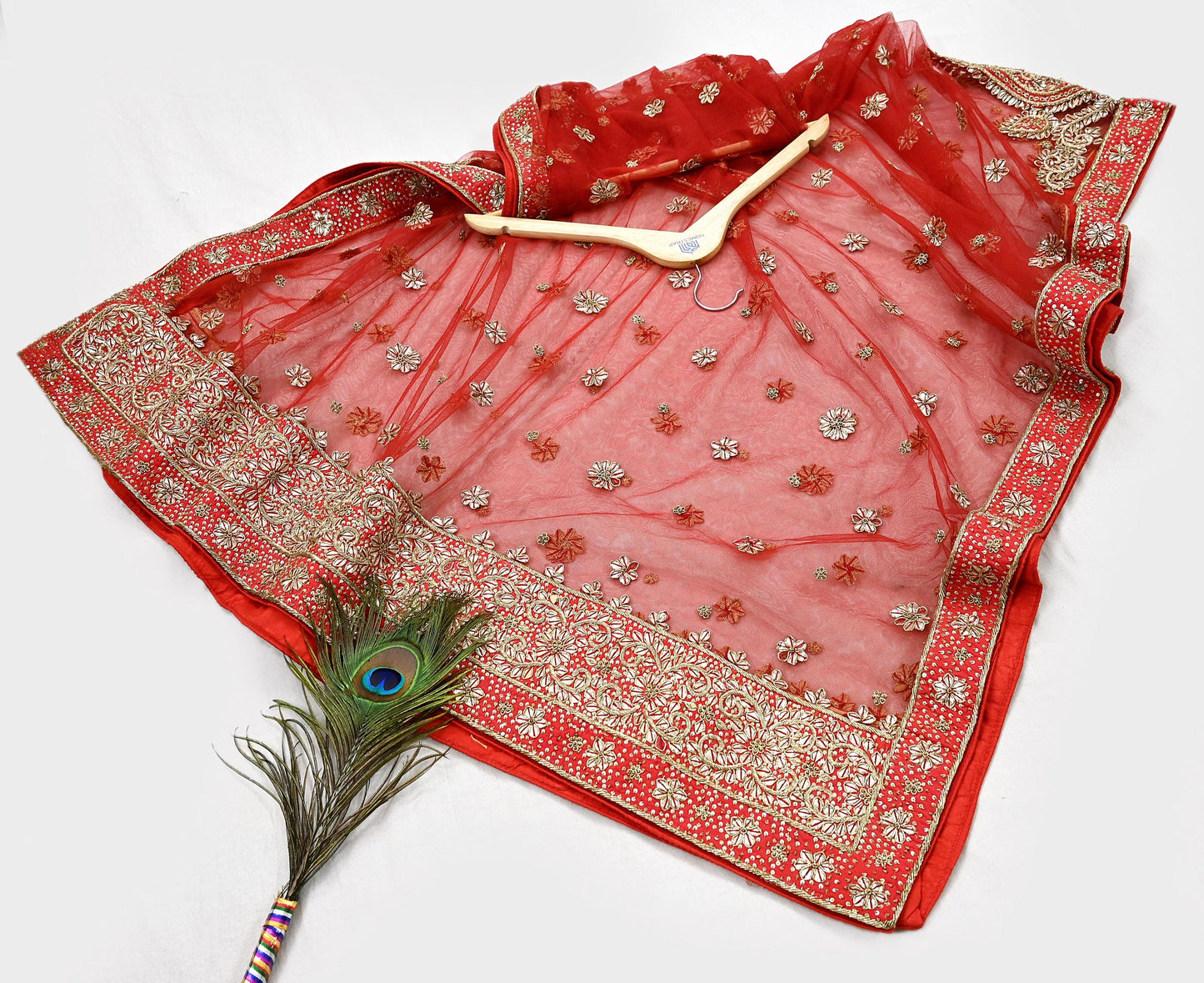 Indian Vintage Heavy Red Dupatta Net Mesh Long Stole Hand Embroidered Scarves Golden Zardozi Dabka Zari Stole Bridal/ Wedding veil