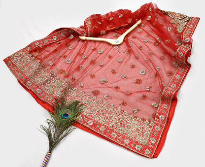 Indian Vintage Heavy Red Dupatta Net Mesh Long Stole Hand Embroidered Scarves Golden Zardozi Dabka Zari Stole Bridal/ Wedding veil