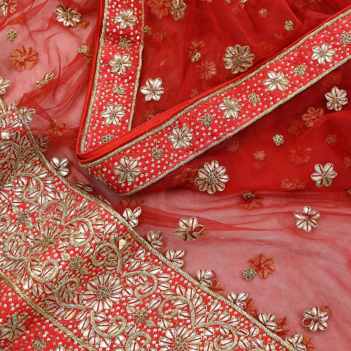 Indian Vintage Heavy Red Dupatta Net Mesh Long Stole Hand Embroidered Scarves Golden Zardozi Dabka Zari Stole Bridal/ Wedding veil