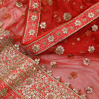 Indian Vintage Heavy Red Dupatta Net Mesh Long Stole Hand Embroidered Scarves Golden Zardozi Dabka Zari Stole Bridal/ Wedding veil