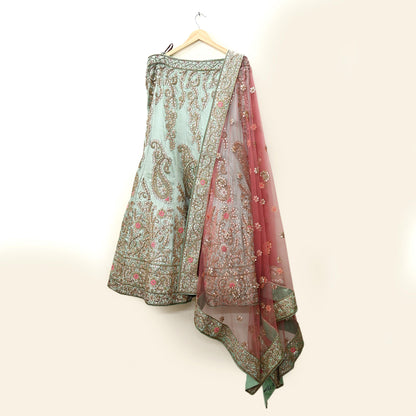 Indian party wear Pista Green & Pink Net Raw silk Hand Embroidered Semi Stitched Lehenga Set of 2pcs Bollywood style wedding wear