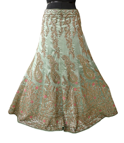 Indian party wear Pista Green & Pink Net Raw silk Hand Embroidered Semi Stitched Lehenga Set of 2pcs Bollywood style wedding wear