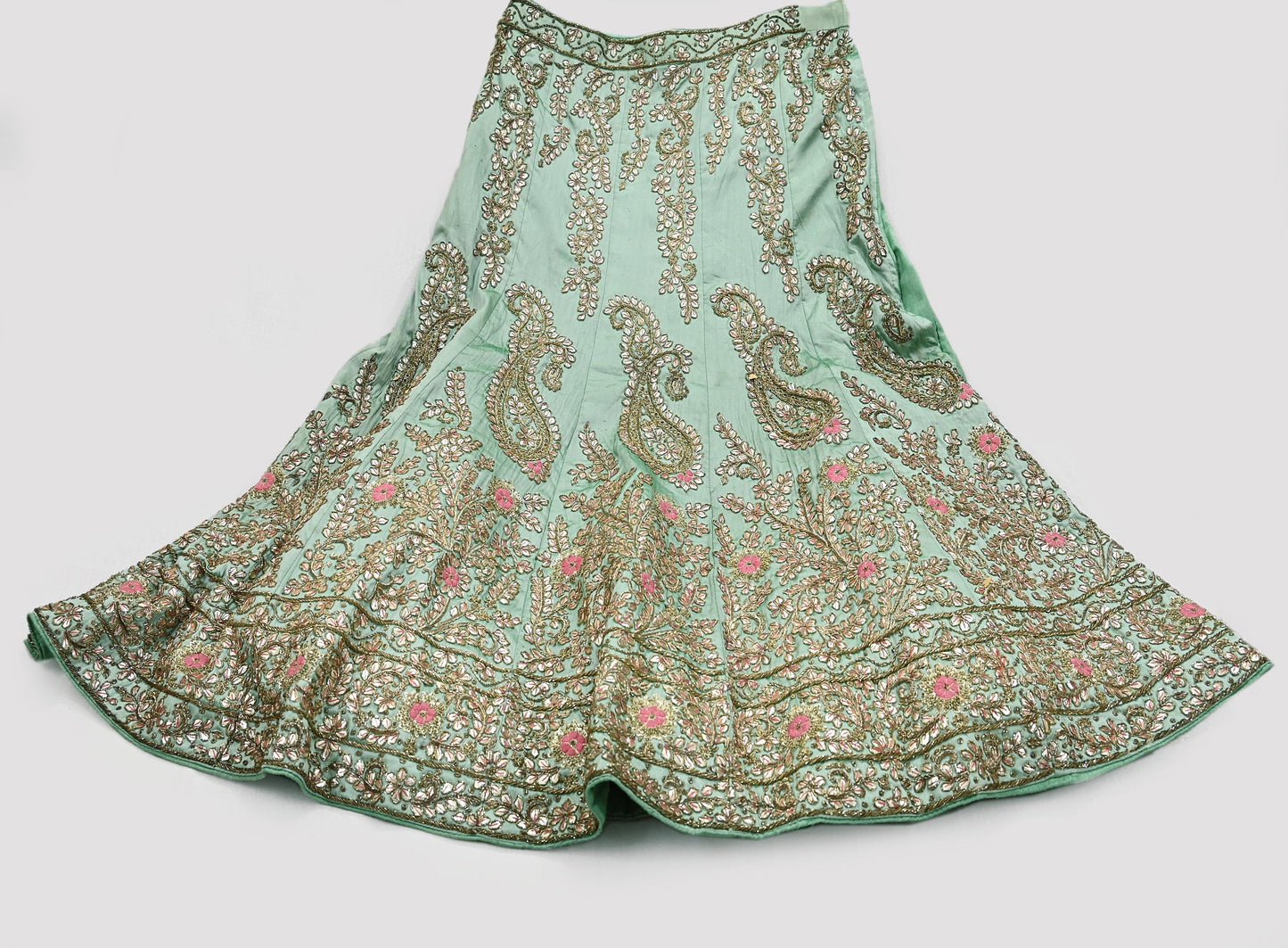 Indian party wear Pista Green & Pink Net Raw silk Hand Embroidered Semi Stitched Lehenga Set of 2pcs Bollywood style wedding wear