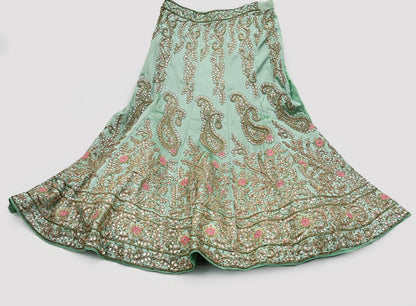 Indian party wear Pista Green & Pink Net Raw silk Hand Embroidered Semi Stitched Lehenga Set of 2pcs Bollywood style wedding wear