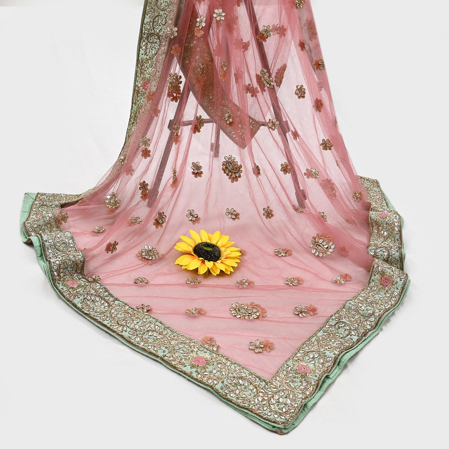 Indian Vintage Heavy Pink Dupatta Net Mesh Long Stole Hand Embroidered Scarves Golden Zardozi Dabka Zari Stole Bridal/ Wedding veil