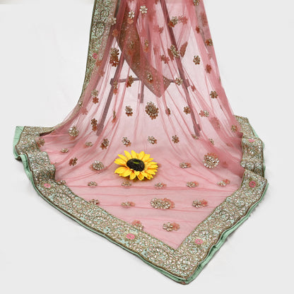 Indian Vintage Heavy Pink Dupatta Net Mesh Long Stole Hand Embroidered Scarves Golden Zardozi Dabka Zari Stole Bridal/ Wedding veil