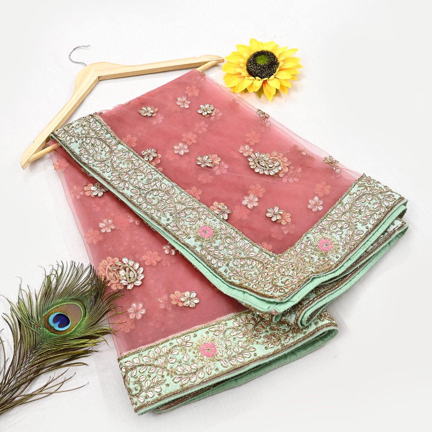 Indian Vintage Heavy Pink Dupatta Net Mesh Long Stole Hand Embroidered Scarves Golden Zardozi Dabka Zari Stole Bridal/ Wedding veil