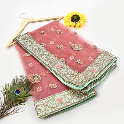 Indian Vintage Heavy Pink Dupatta Net Mesh Long Stole Hand Embroidered Scarves Golden Zardozi Dabka Zari Stole Bridal/ Wedding veil