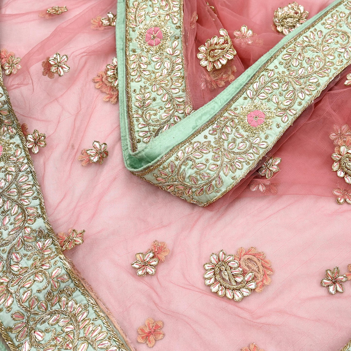 Indian Vintage Heavy Pink Dupatta Net Mesh Long Stole Hand Embroidered Scarves Golden Zardozi Dabka Zari Stole Bridal/ Wedding veil