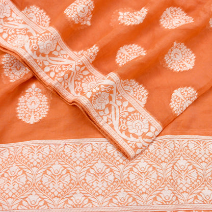 Indian Vintage Orange Dupatta Long Stole Woven Cotton Scarves Veil Fringes Soft Floral Design