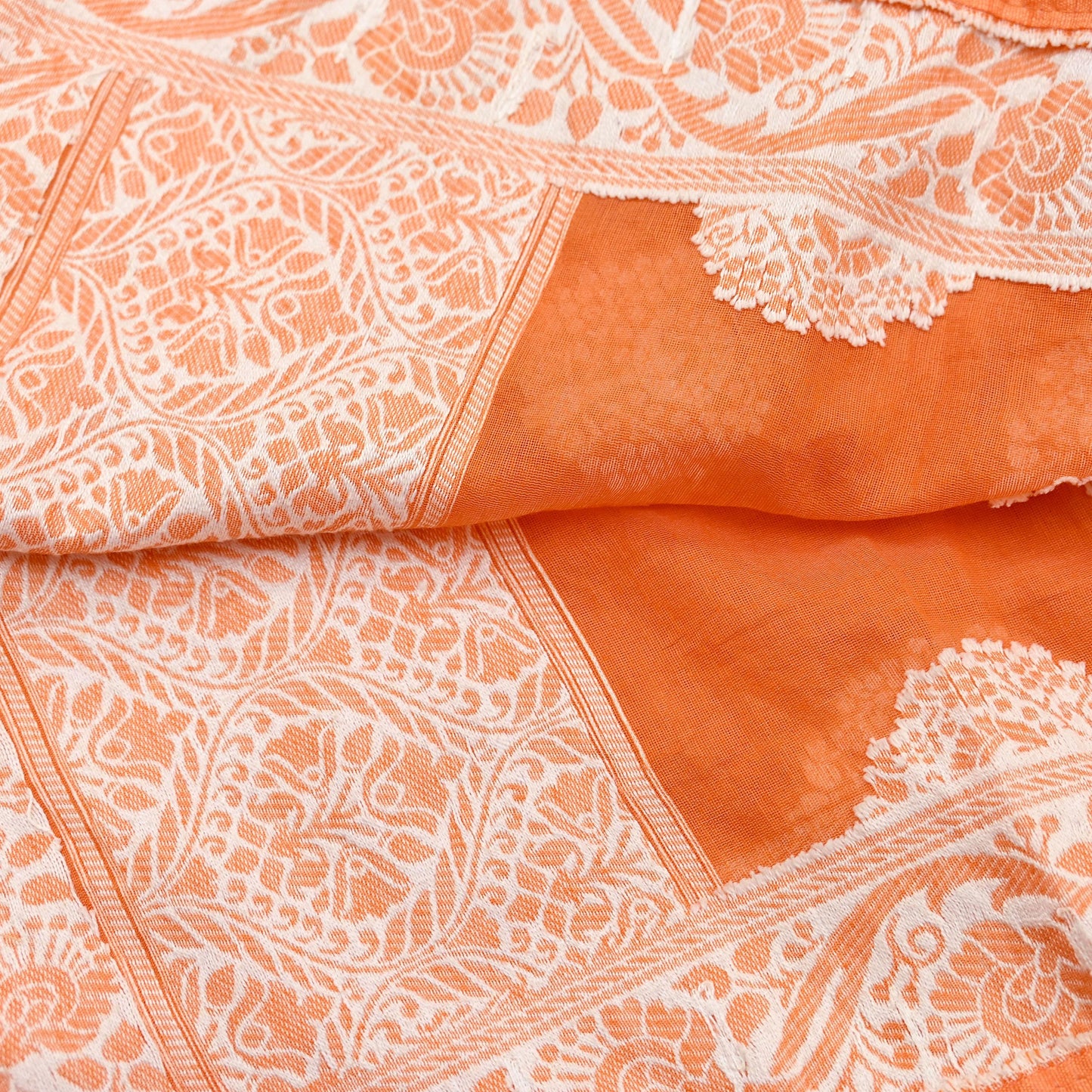 Indian Vintage Orange Dupatta Long Stole Woven Cotton Scarves Veil Fringes Soft Floral Design