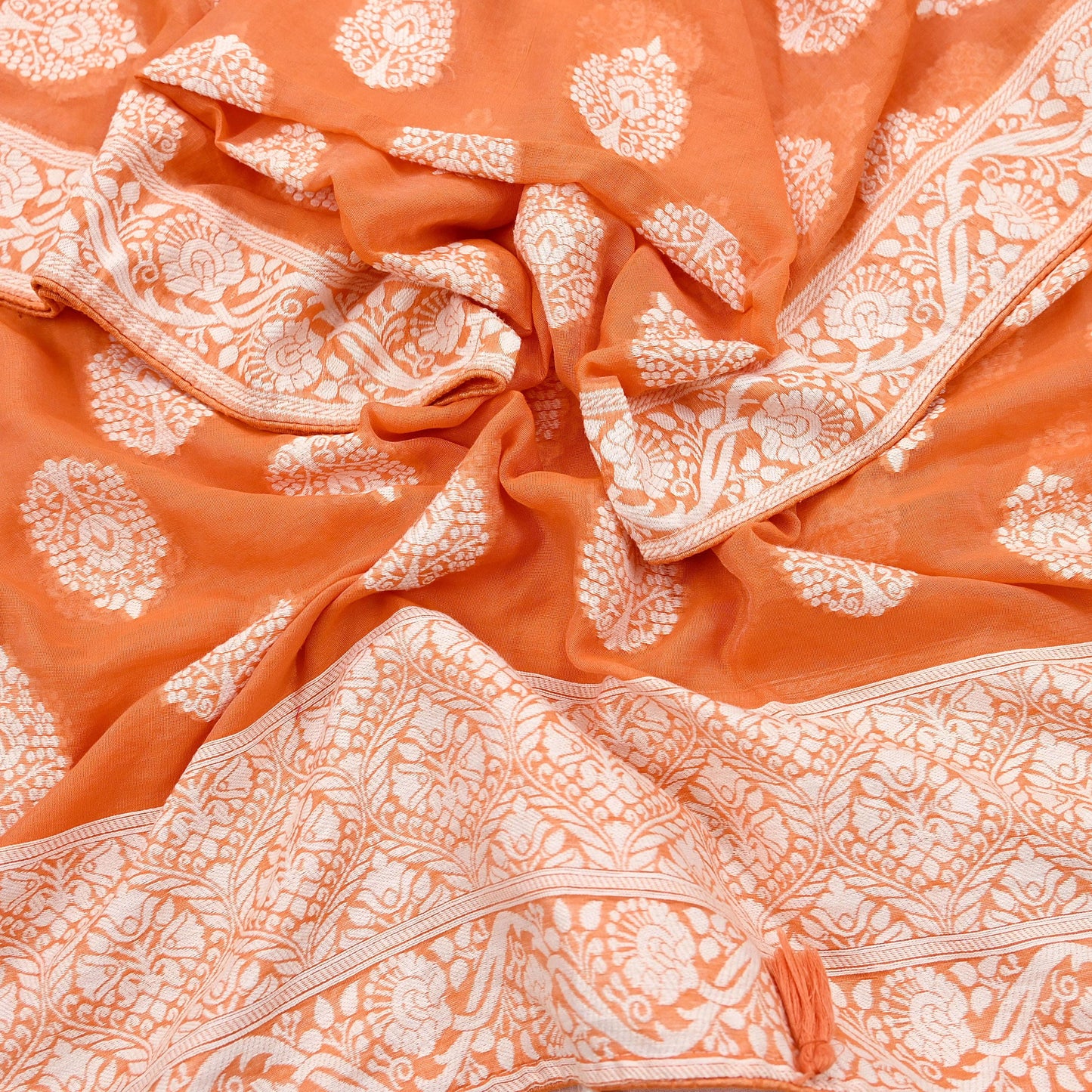 Indian Vintage Orange Dupatta Long Stole Woven Cotton Scarves Veil Fringes Soft Floral Design