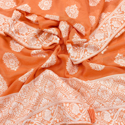 Indian Vintage Orange Dupatta Long Stole Woven Cotton Scarves Veil Fringes Soft Floral Design
