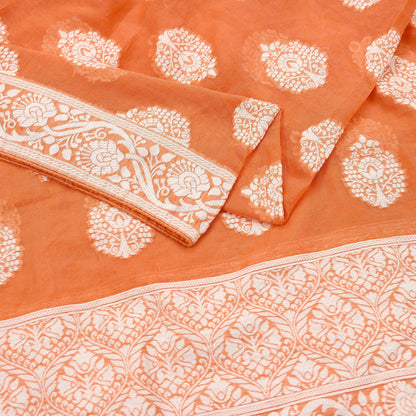Indian Vintage Orange Dupatta Long Stole Woven Cotton Scarves Veil Fringes Soft Floral Design