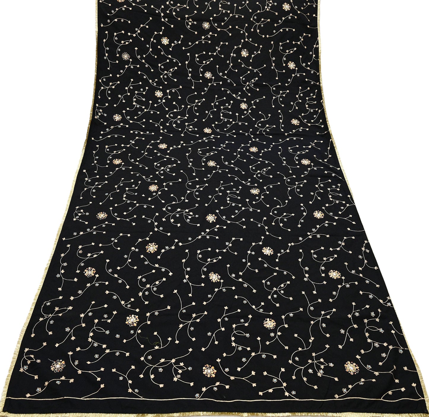 Indian Vintage Black Blend Cotton Dupatta Hand Embroidered Floral Scarf with Thread work beaded golden lace