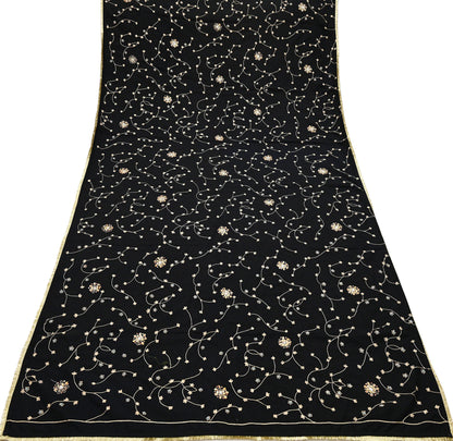 Indian Vintage Black Blend Cotton Dupatta Hand Embroidered Floral Scarf with Thread work beaded golden lace