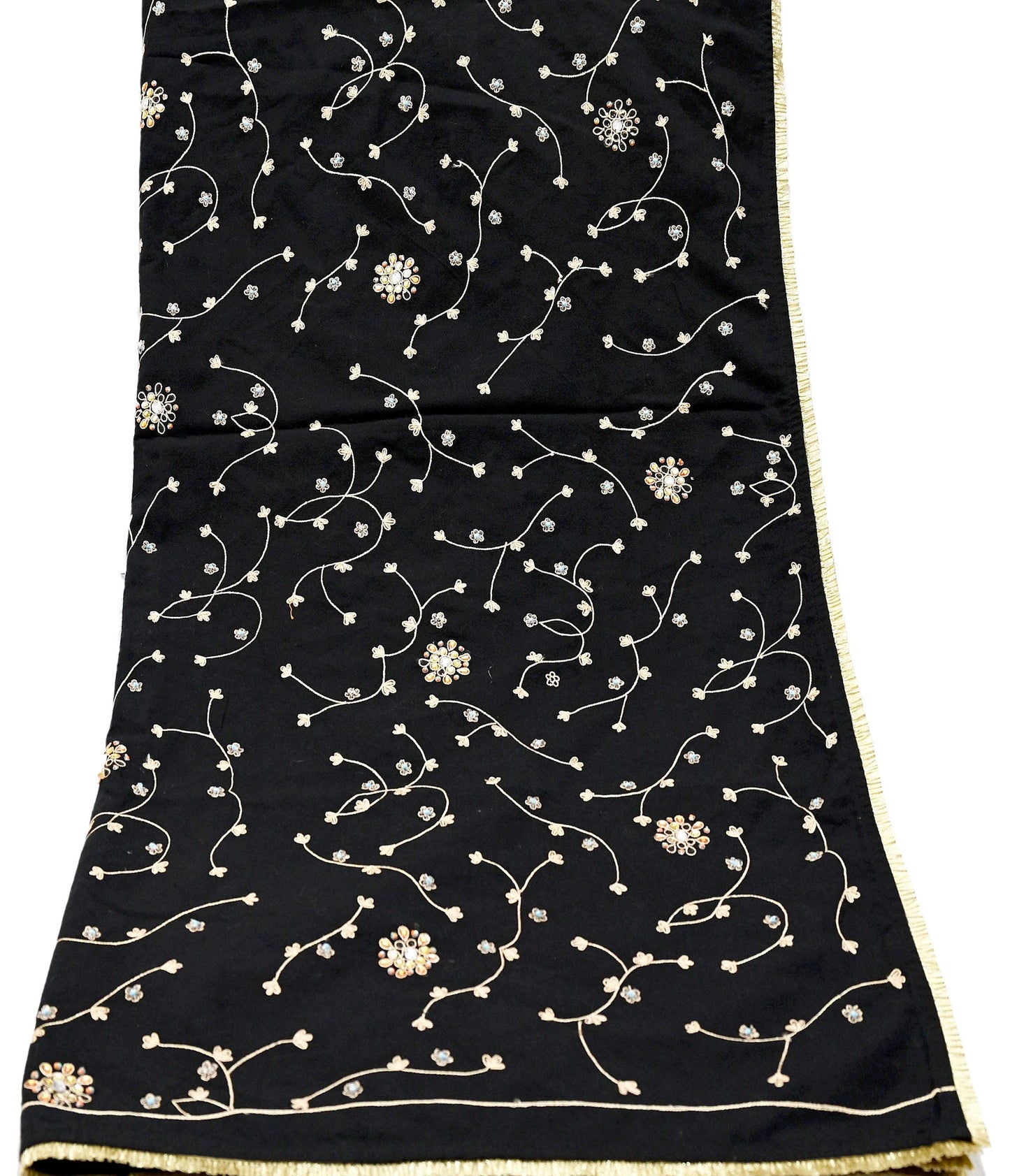 Indian Vintage Black Blend Cotton Dupatta Hand Embroidered Floral Scarf with Thread work beaded golden lace