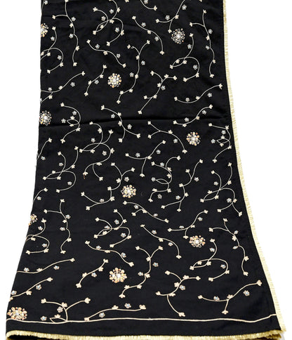 Indian Vintage Black Blend Cotton Dupatta Hand Embroidered Floral Scarf with Thread work beaded golden lace