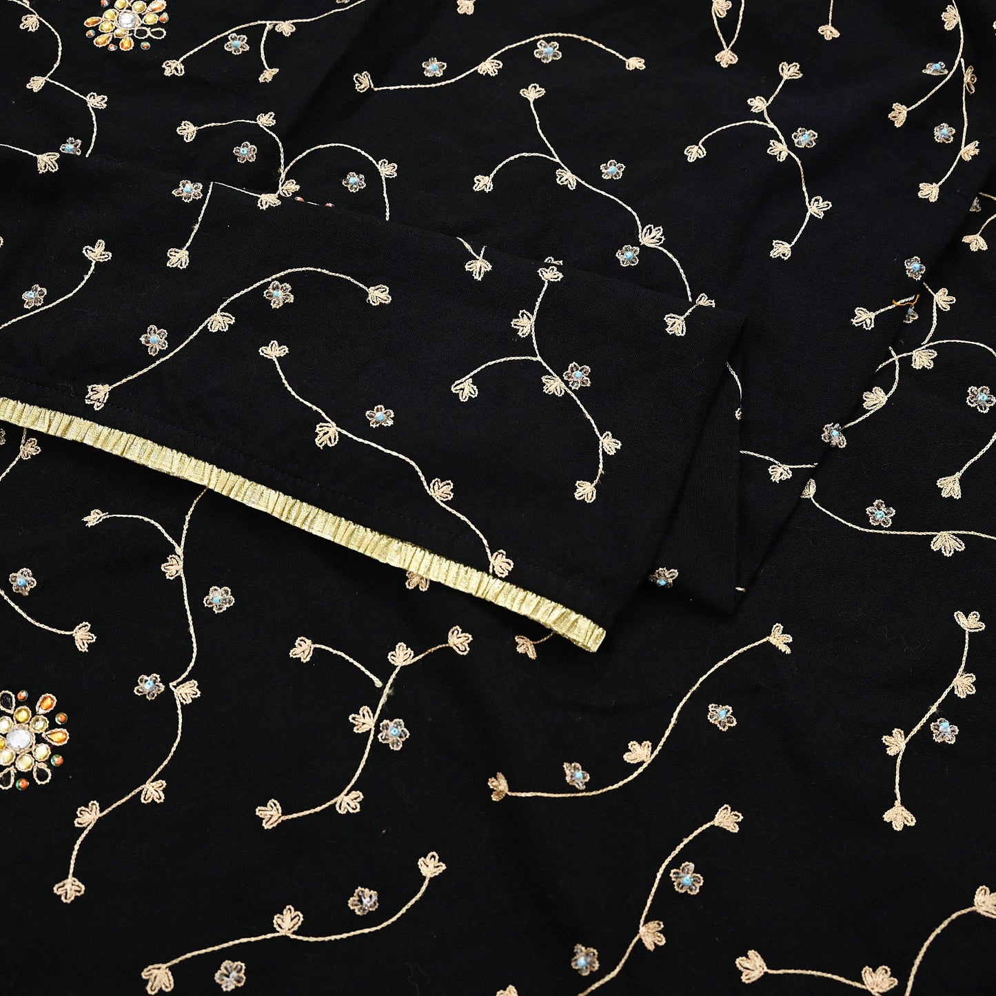 Indian Vintage Black Blend Cotton Dupatta Hand Embroidered Floral Scarf with Thread work beaded golden lace